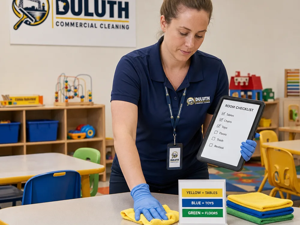 Cleaner following a room checklist while disinfecting child-height classroom tables with color-coded microfiber cloths