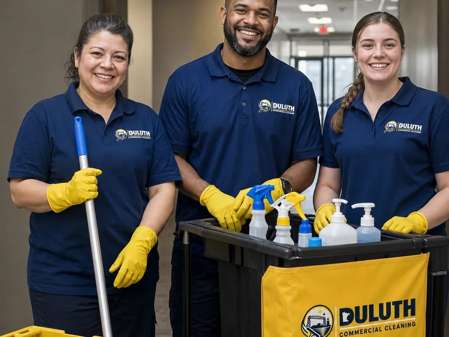 Commercial cleaning team with organized janitorial supplies in a facility corridor